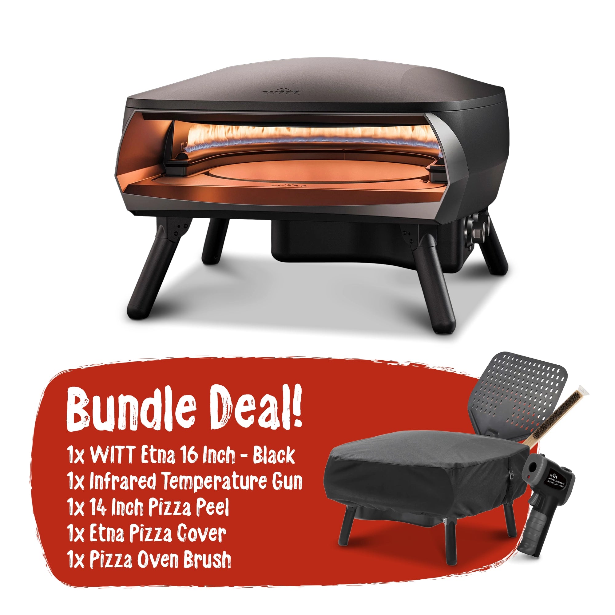 WITT Etna Rotante Black 16 Inch Gas Pizza Oven Essentials Bundle