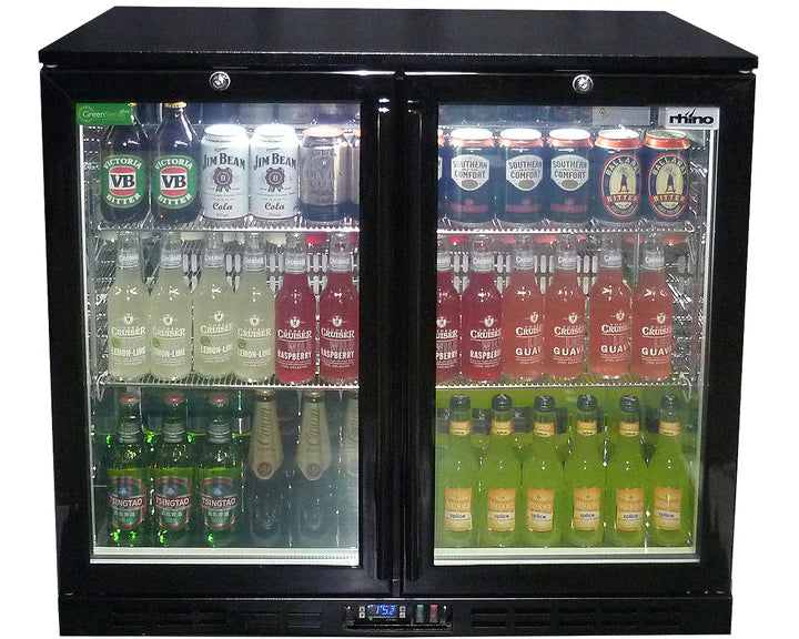 RHINO LG Compressor Alfresco Glass heated Door 208L Black Bar Fridge SG2H-B-HD