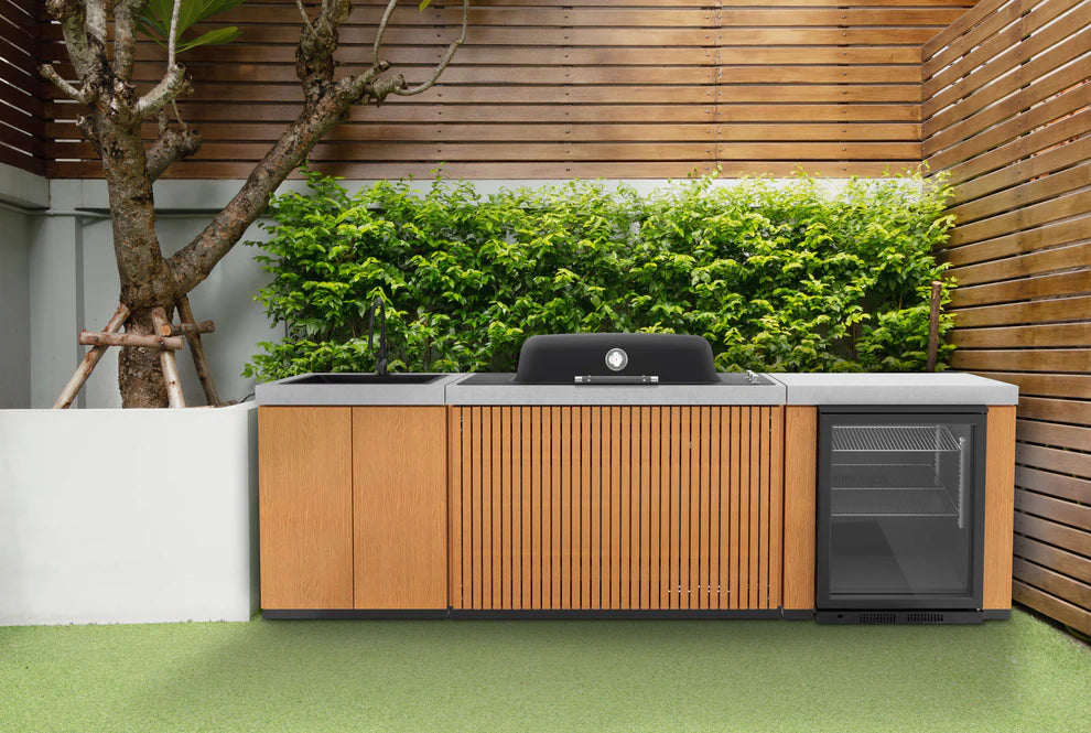 Everdure Seabreeze 3 Burner BBQ Timber Look Modular Outdoor Kitchen with Sink & Beverage Cooler