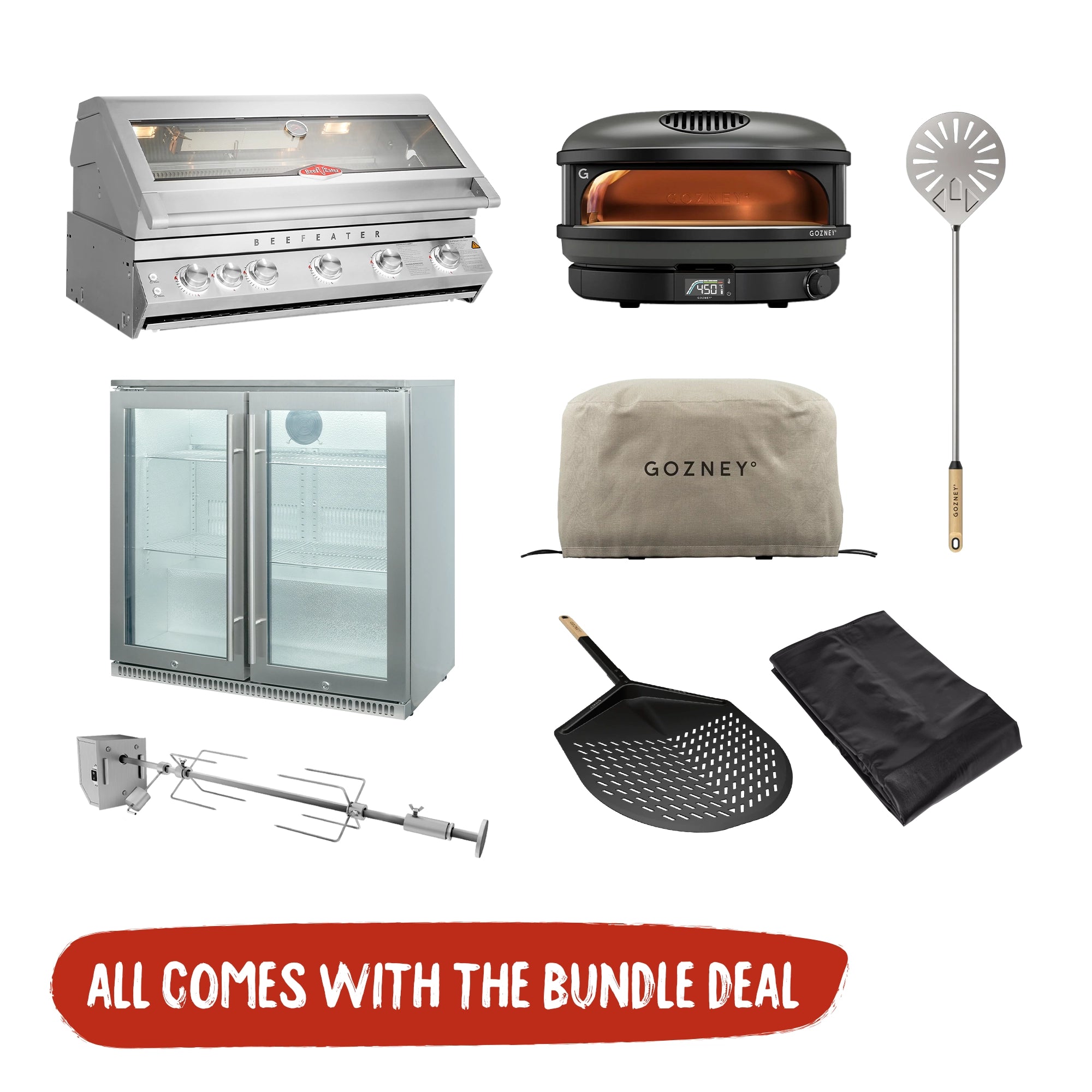 Beefeater 7000 Series Premium 5 Burner Built-In BBQ + Gozney Arc XL Black Pizza Oven + Napoleon Double Door Fridge Package Deal