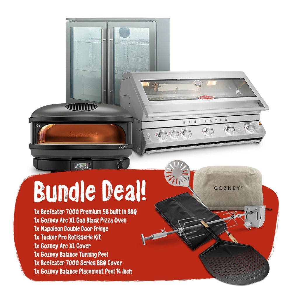 Beefeater 7000 Series Premium 5 Burner Built-In BBQ + Gozney Arc XL Black Pizza Oven + Napoleon Double Door Fridge Package Deal