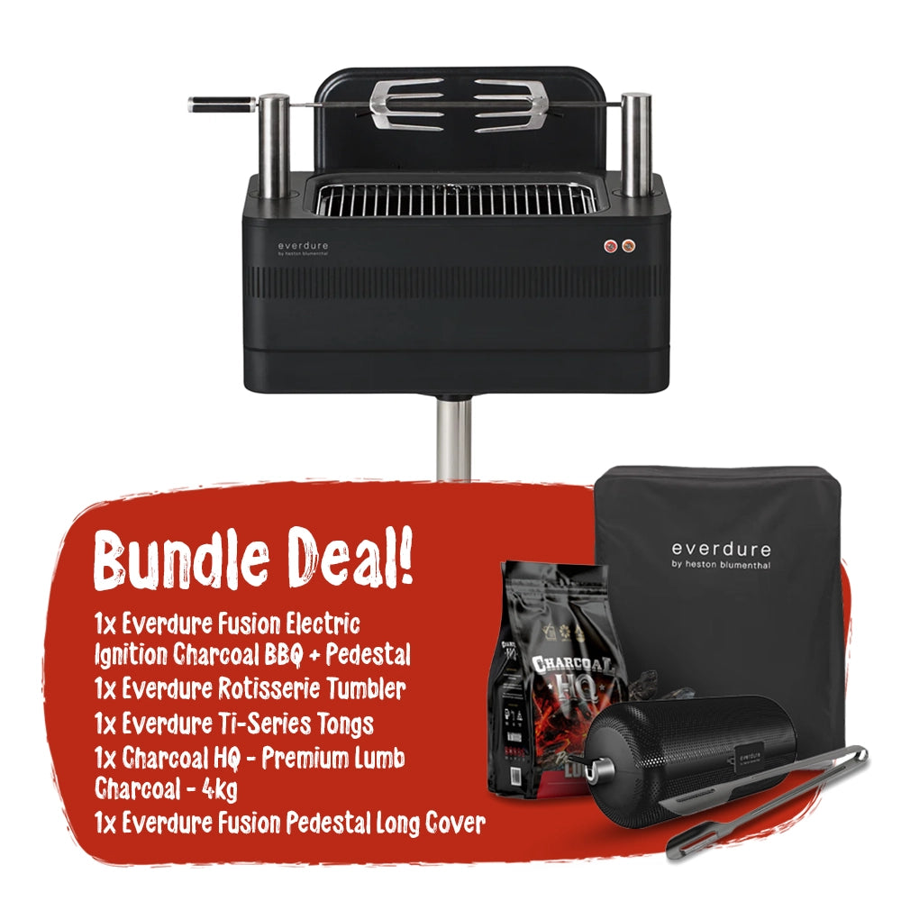 Everdure Heston Fusion Electric Ignition Charcoal BBQ (Black) With Pedestal Essential Bundle