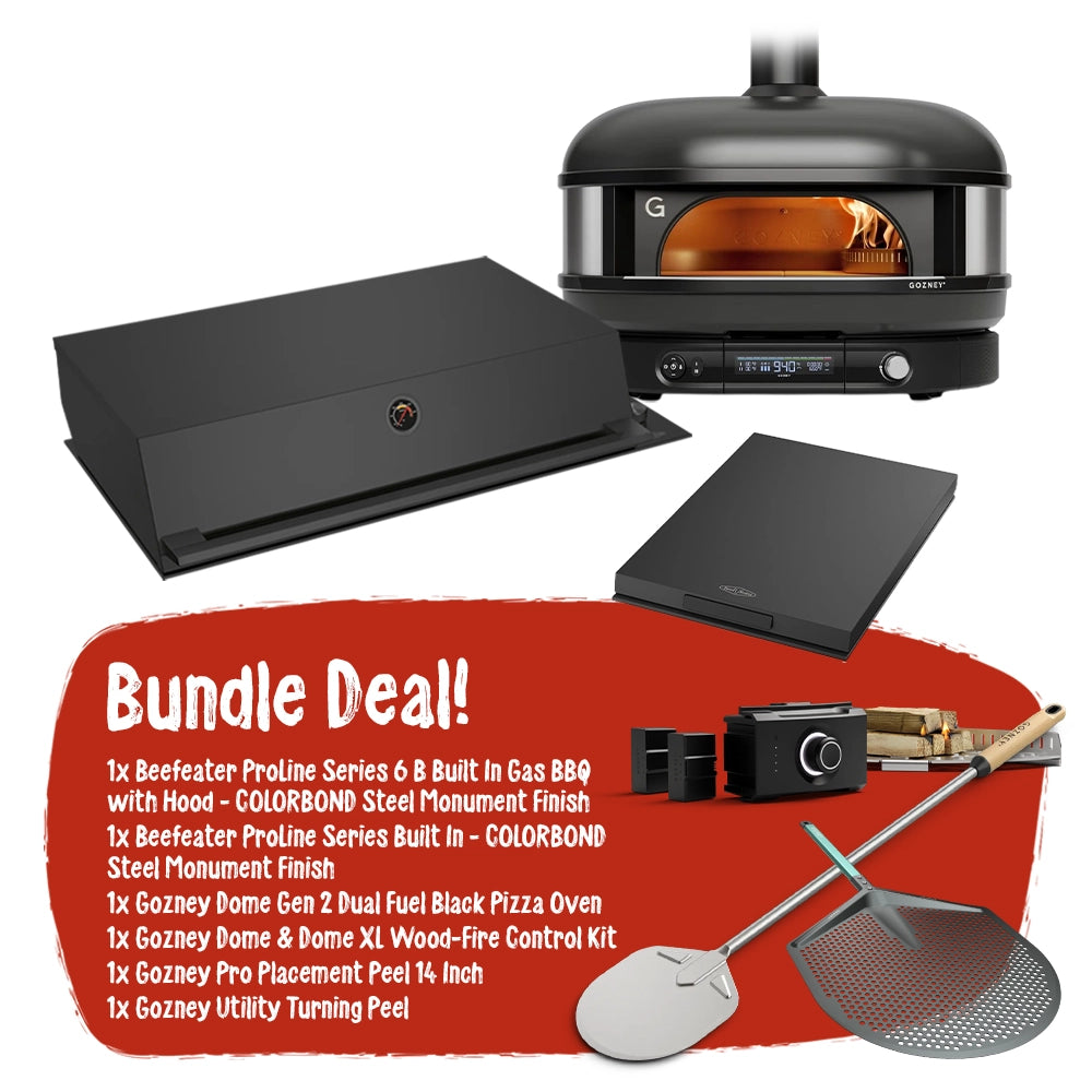 Beefeater Proline 6 Burner BBQ and Side Burner with Monument Finish and Gozney Dome Black Pizza Oven Package
