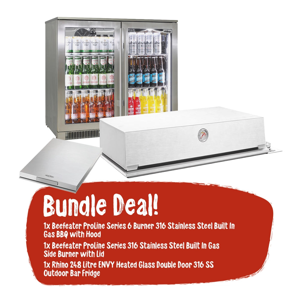 Beefeater Proline 316 Stainless Steel 6 Burner BBQ with Hood + Side Burner + Rhino 248 Litre ENVY Fridge - Bundle Deal