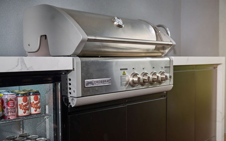 Crossray Premium Outdoor Kitchen 4 Burner BBQ, Double Door Fridge & Double Door Cabinet with Sink