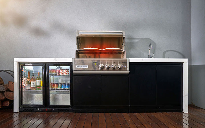Crossray Premium Outdoor Kitchen 4 Burner BBQ, Single Fridge & Double Door Cabinet with Sink