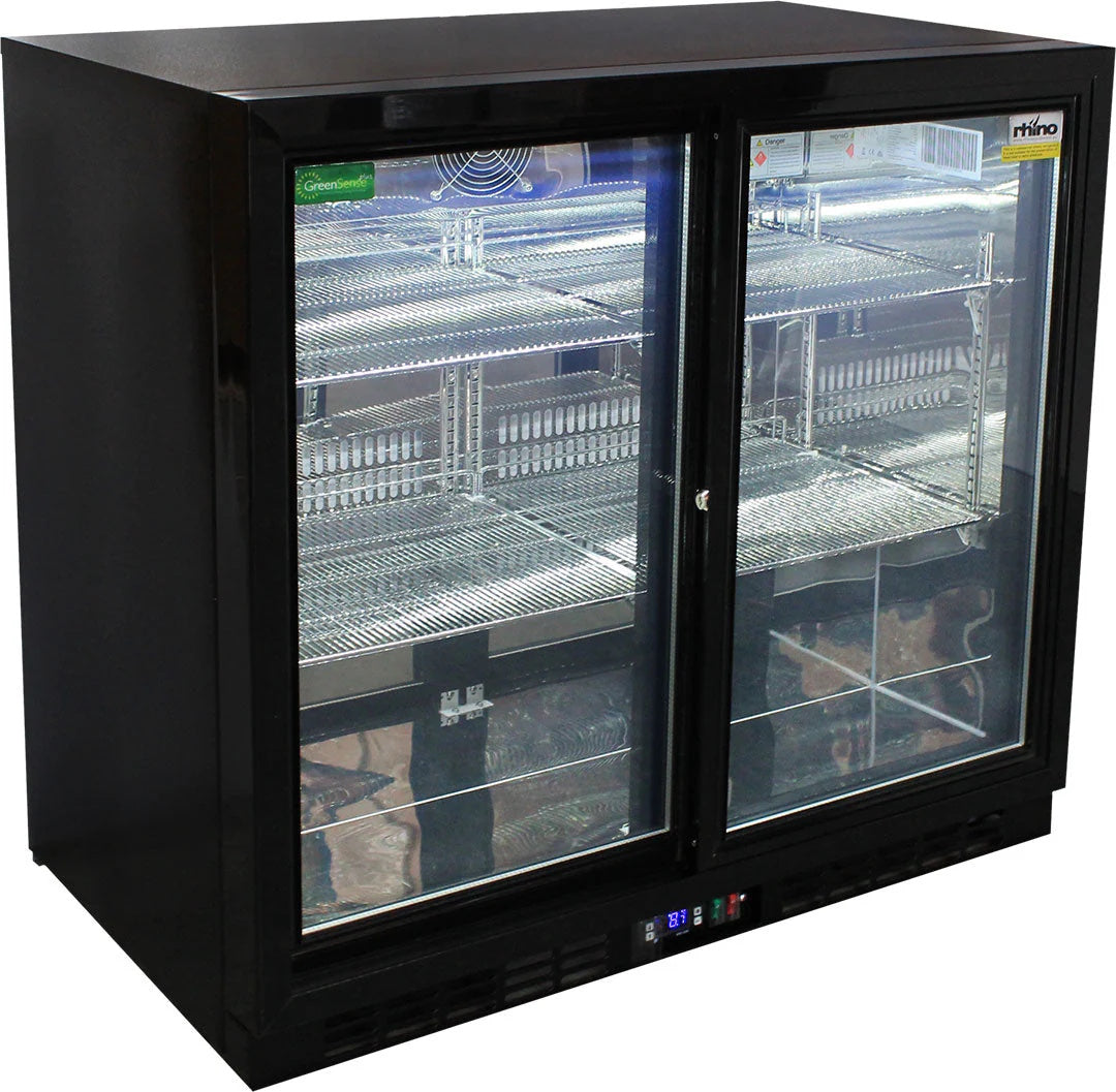 Rhino 208 Litre Black Glass Double Sliding Door Bar fridge - SG2S-B