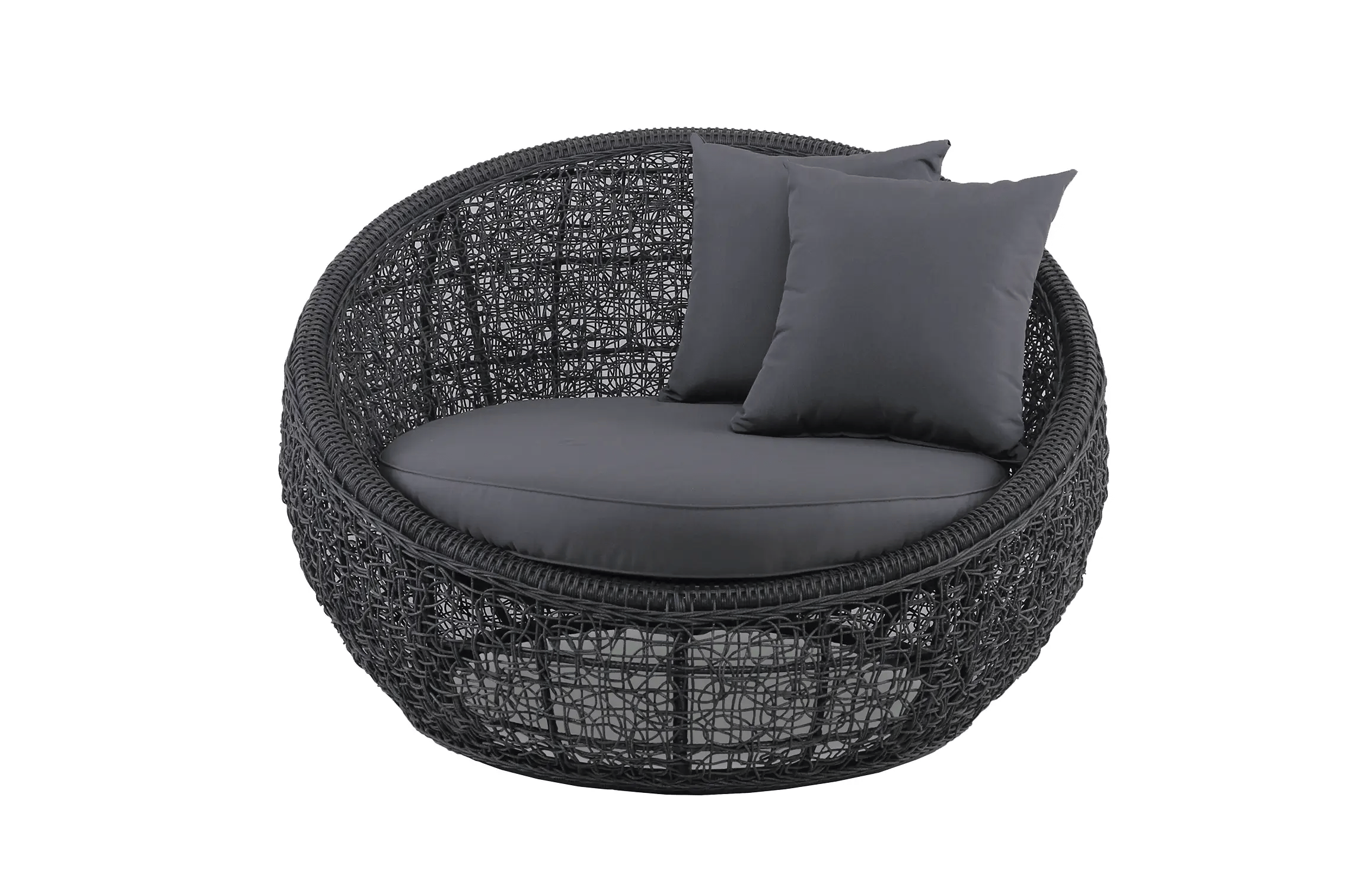 East India Round Daybed 120cm Black Random Weave with Grey Cushion