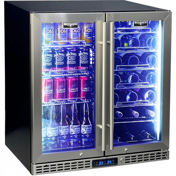 Schmick Under Bench Beer And Wine Dual Zone Stainless Steel Heated Glass Bar Fridge - SK198D-HD