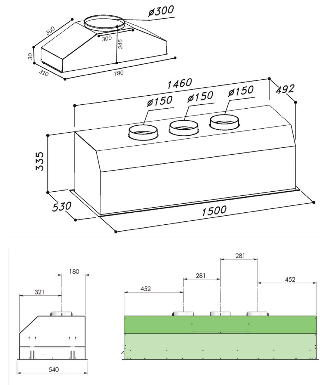 Sirius Undermount Rangehood - 1500mm Indoor - Outdoor Undermount Rangehood