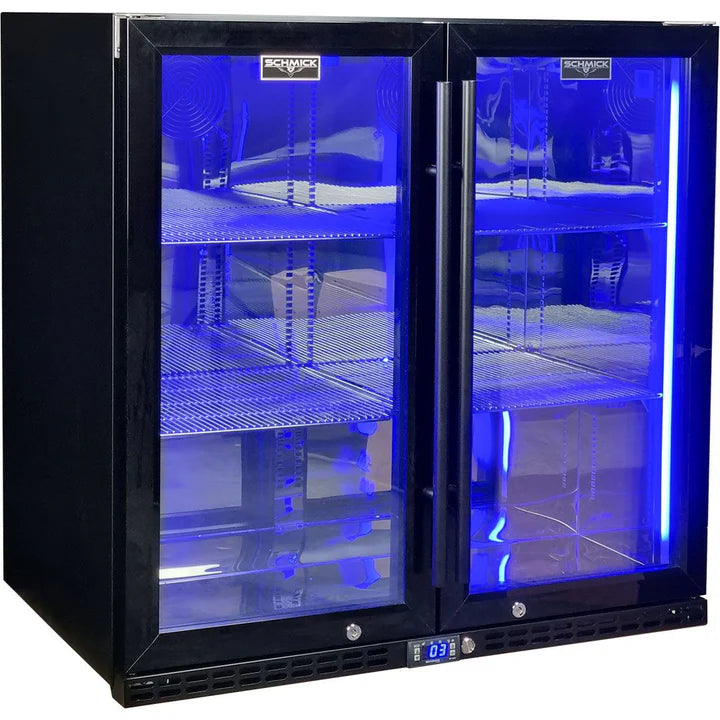 Schmick Black Quiet Running Front Venting Under Bench Triple Glazed 2 Door Bar Fridge Model SK245-B-HD