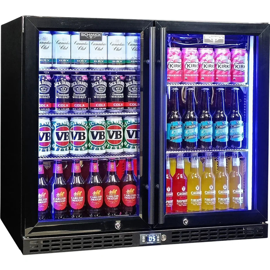Schmick Twin Door Quiet Running Low Height Black Triple Glazed Glass Door Bar Fridge -SK206-B