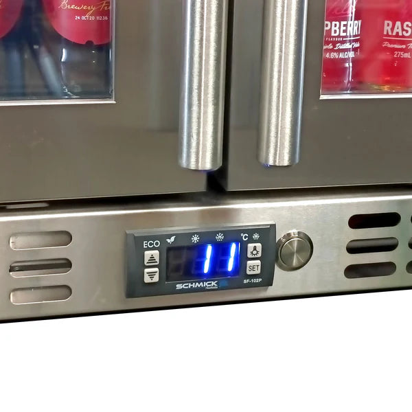 Schmick Twin Door Low Height Quiet Running Stainless Steel Heated Glass Door Bar Fridge - SK206-HD