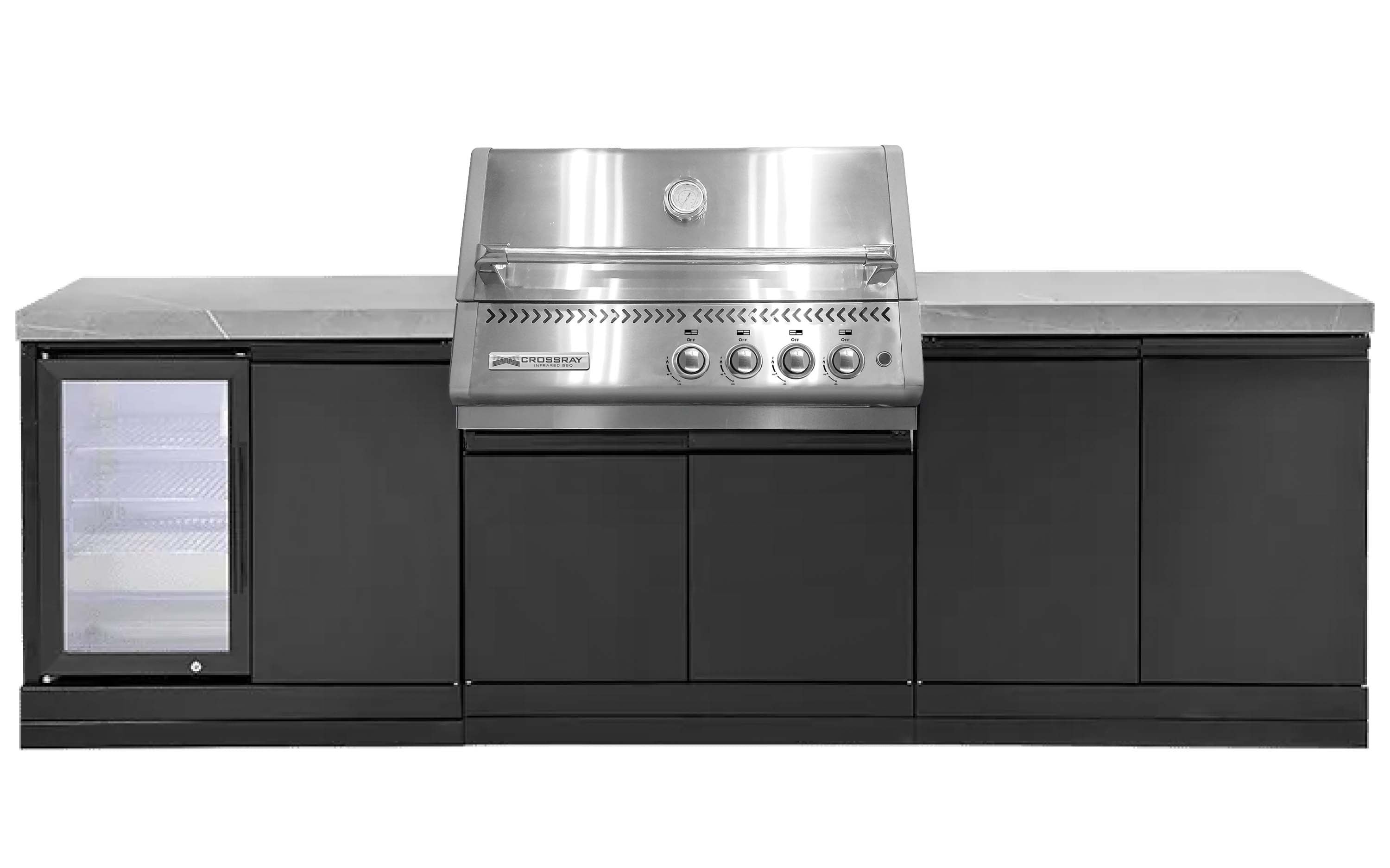 Crossray Xplor Grey Outdoor Kitchen 4 Burner BBQ Double Cabinet & Single Fridge