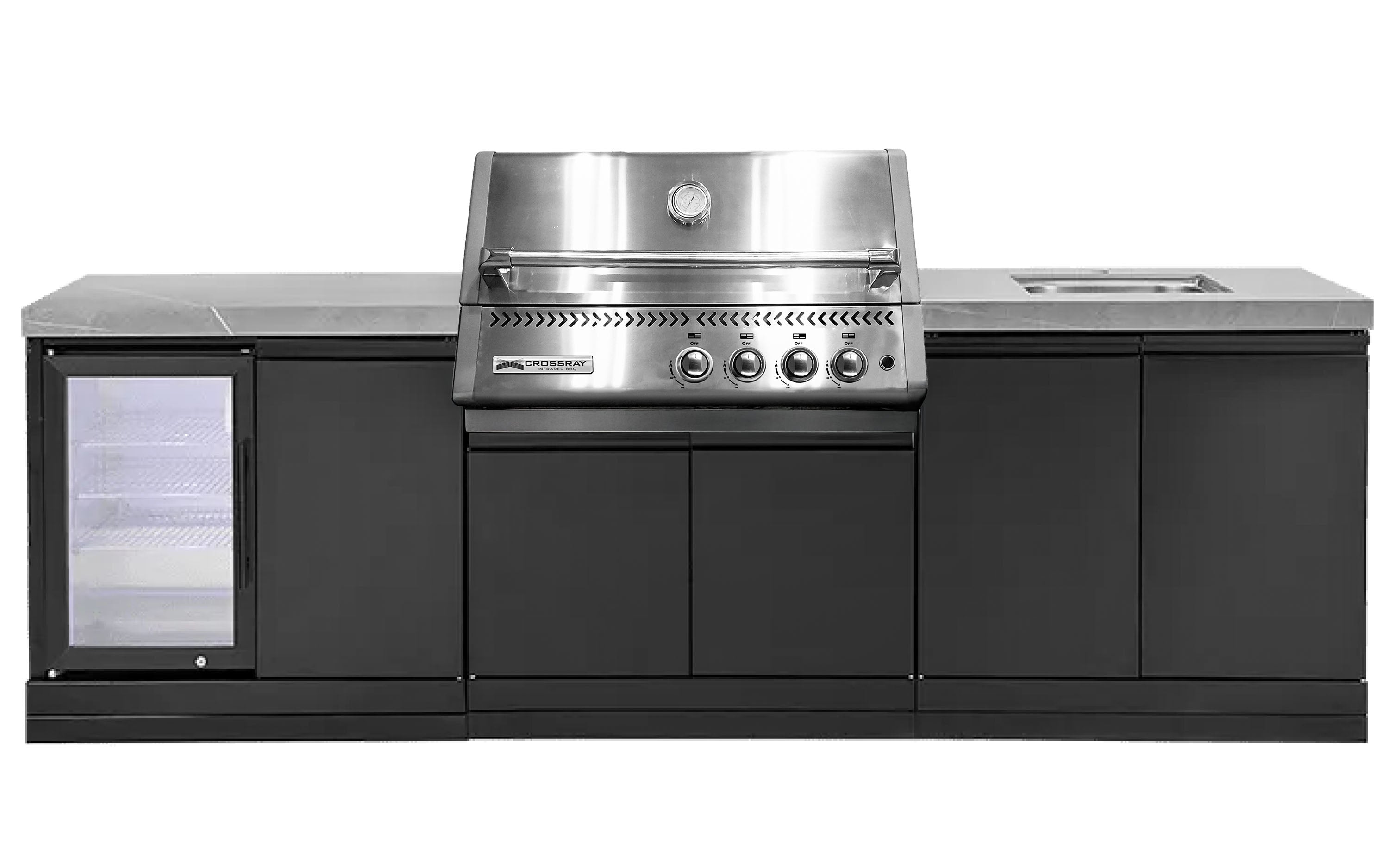 Crossray Xplor Grey Outdoor Kitchen 4 Burner BBQ Single Fridge Storage & Sink