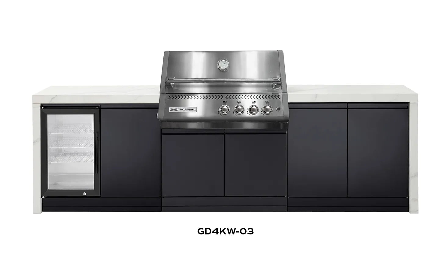 Crossray Xplor Outdoor Kitchen 4 Burner BBQ Single Fridge & Double Side Cabinets