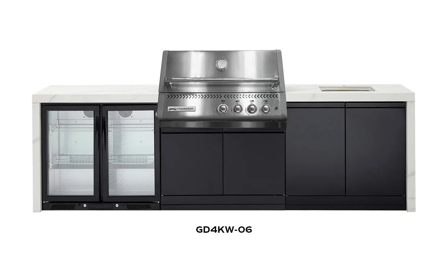 Crossray Xplor Outdoor Kitchen 4 Burner BBQ Double Fridge Sink & Double Side Cabinets