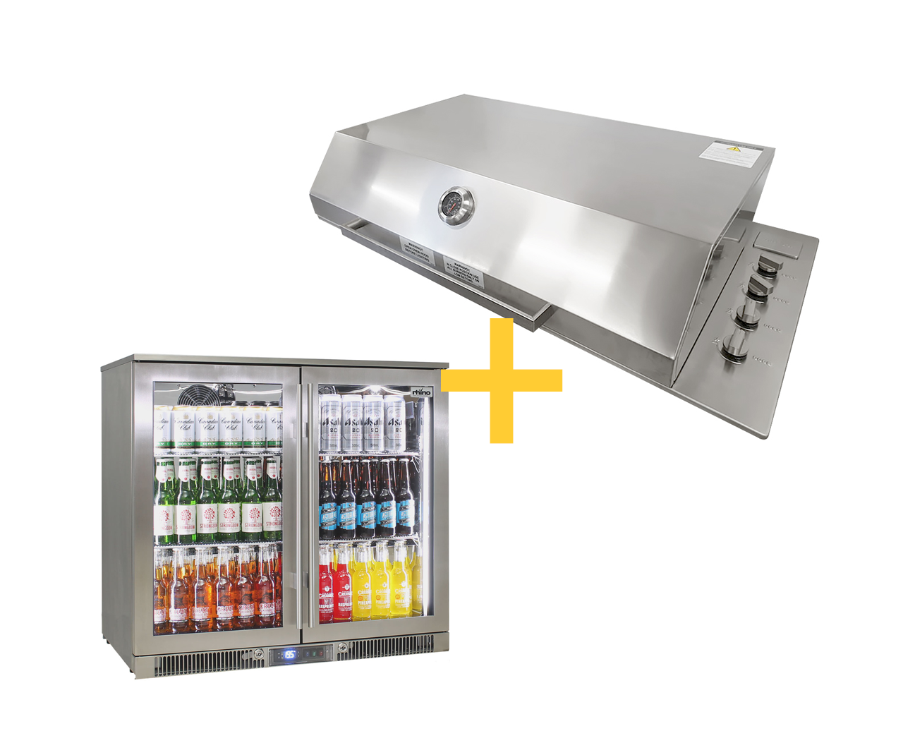 Artusi 316 SS Drop in BBQ with Roasting Hood & Rhino Outdoor ENVY 2 Door Fridge Marine Grade Bundle