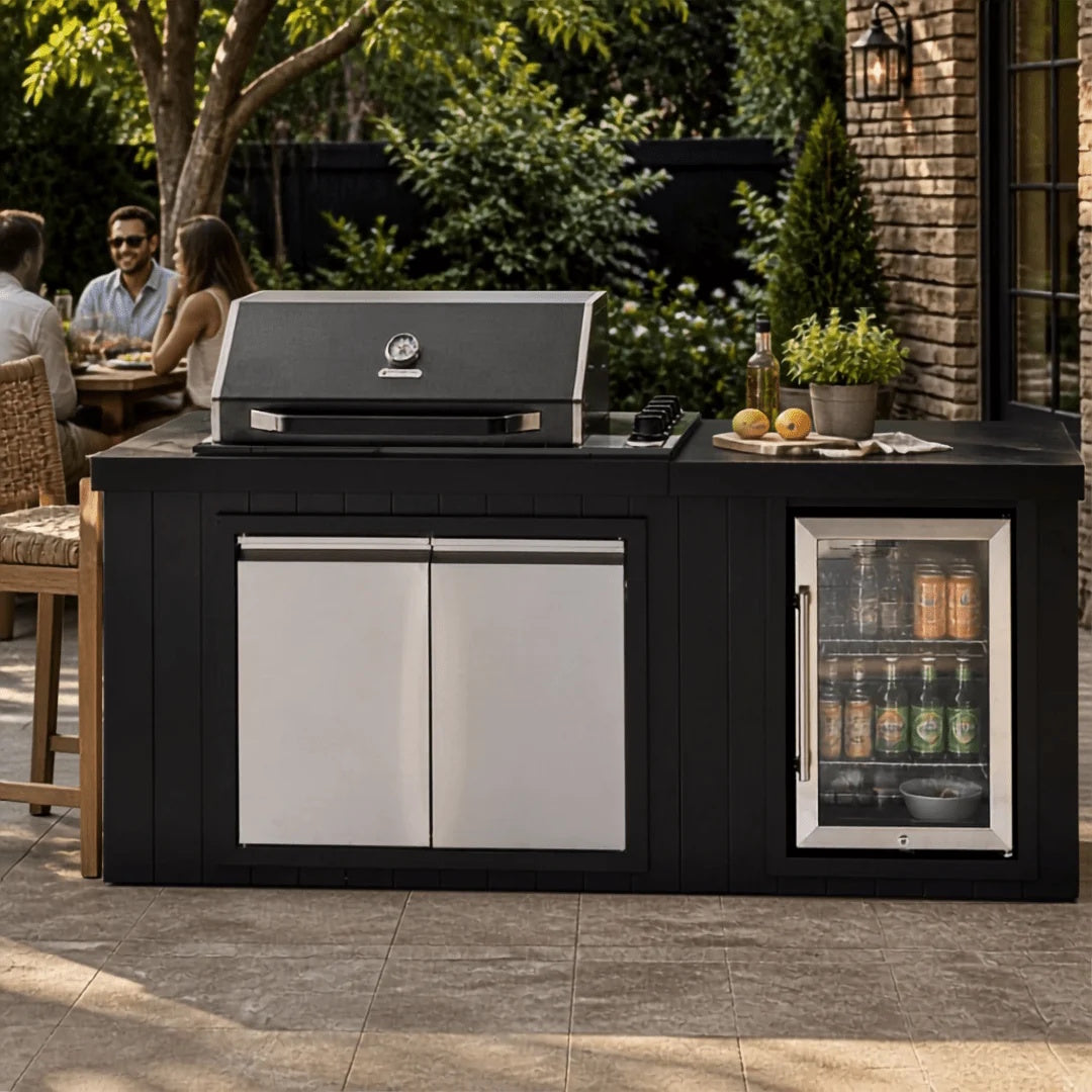 Bossworx Outdoor Kitchen with Black Stainless Steel 4 Burner BBQ & Fridge