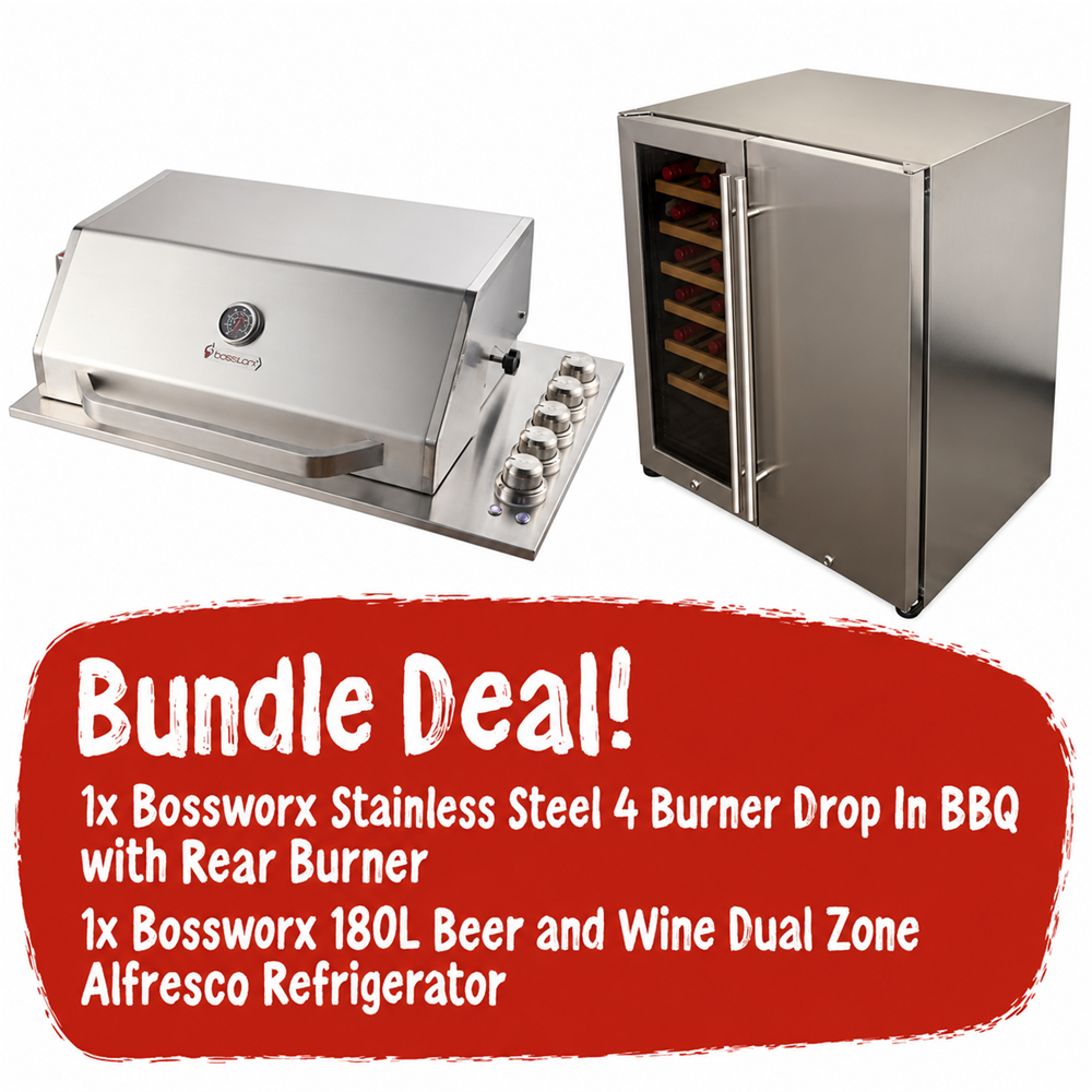 Bossworx 4 Burner Stainless Steel Drop-In BBQ & 180L Dual Zone Alfresco Fridge Bundle